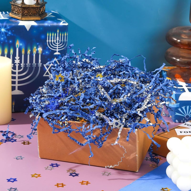 Jansun Hanukkah Blue Metallic Silver Crinkle Cut Paper, 115g/4oz Shred Filler with Gold Blue Silver Hexagrama Confetti for Gift Wrapping Craft DIY Basket Filling Chanukah Birthday Party Decorations - Image 2